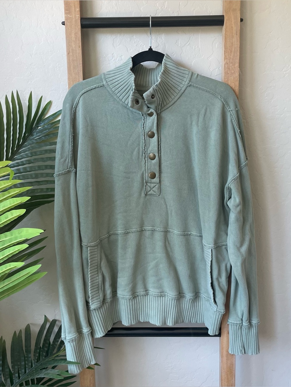 Aerie Sage Green Oversized Henley Button-Up Funnel Neck Sweater